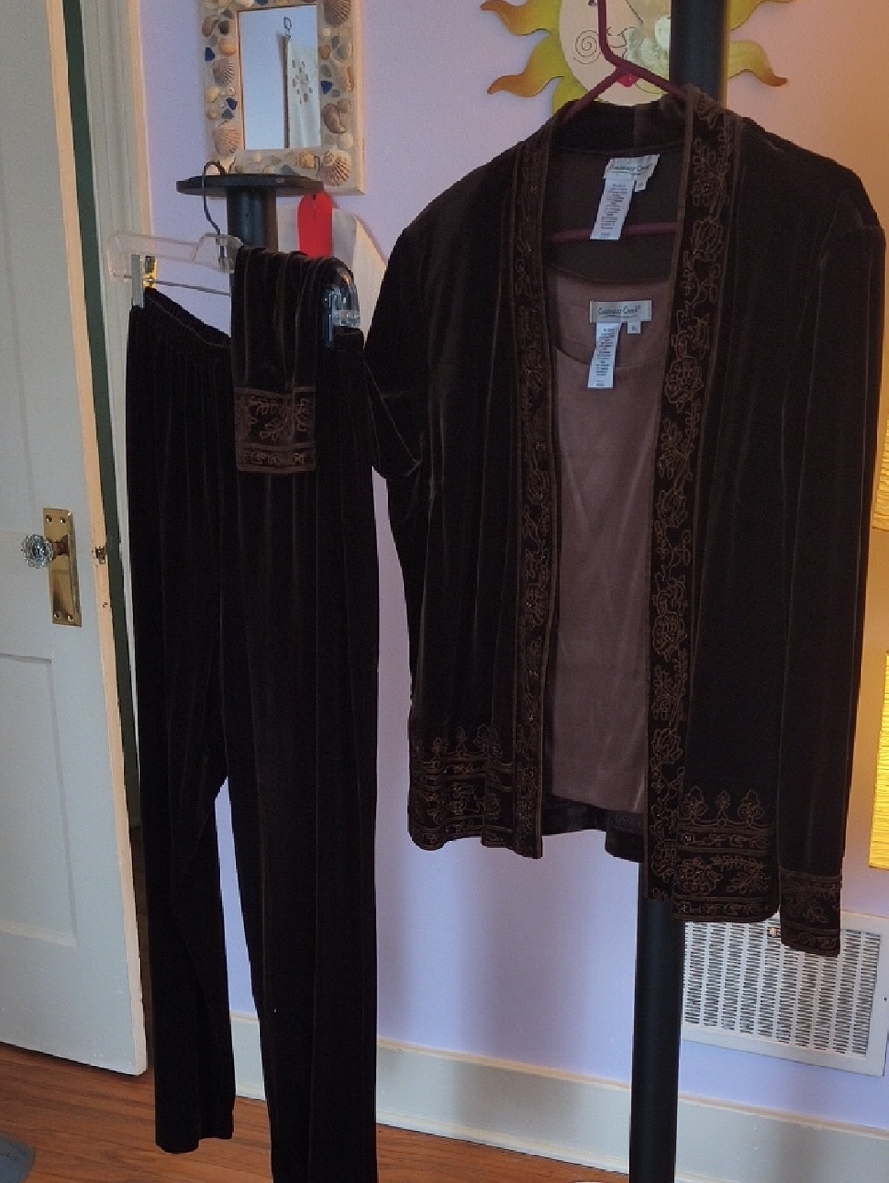 Coldwater Creek Brown Velvet Pantsuit w/ Embroidered Trim w/ Sleeveless Shell